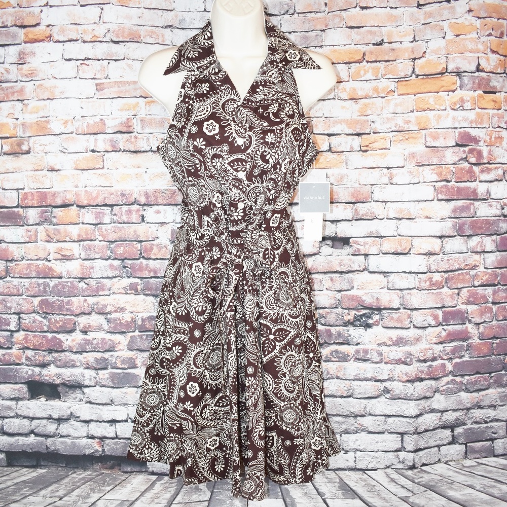 DBY Size 4 A Line Sun Dress Shirtdress Brown Creme - Picture 2 of 8